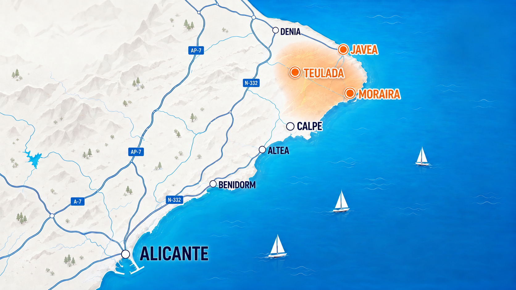 Map of the Aqua King service area around Teulada and Moraira