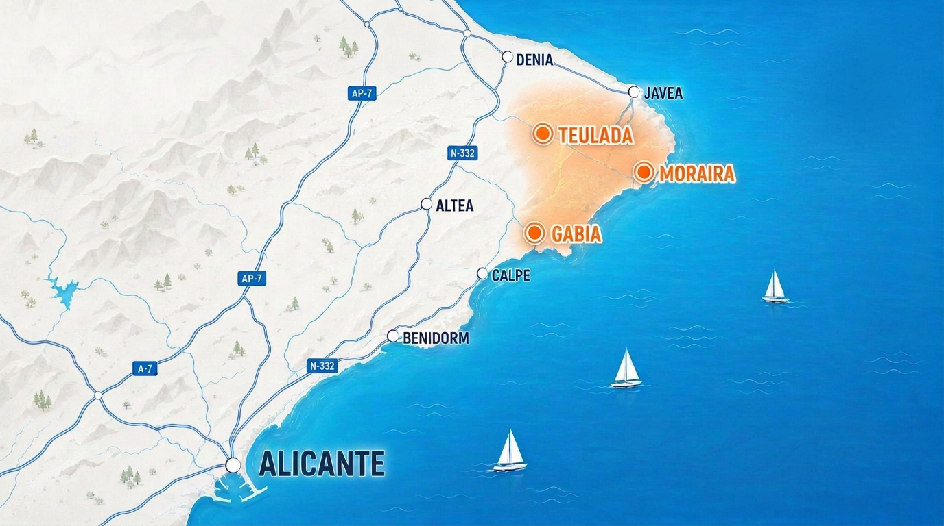 Map of the Aqua King service area around Teulada and Moraira